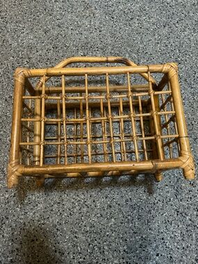 Vintage Mid Century Rattan Bamboo Magazine Rack MCM Boho Record Holder 60s 70s